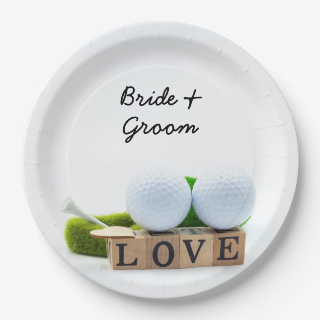 Golf wedding bride groom golf ball tee with love paper plate (Front)