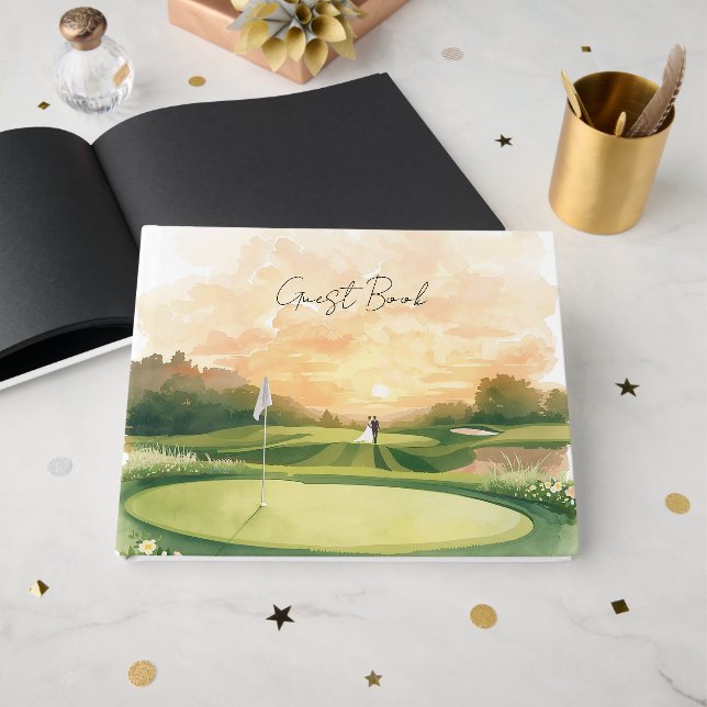 Golf wedding Bride & Groom Golfer on golf course Guest Book (Front Open)