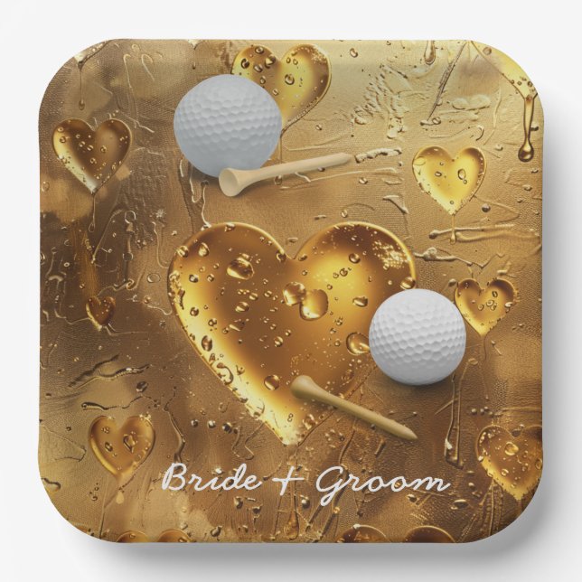 Golf wedding bride groom name with golf ball  paper plate (Front)