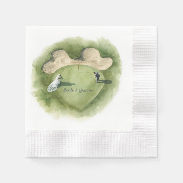 Golf wedding bride groom on putting green napkin (Front)