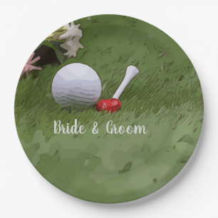Golf Wedding golf ball and flower with love Paper Plate