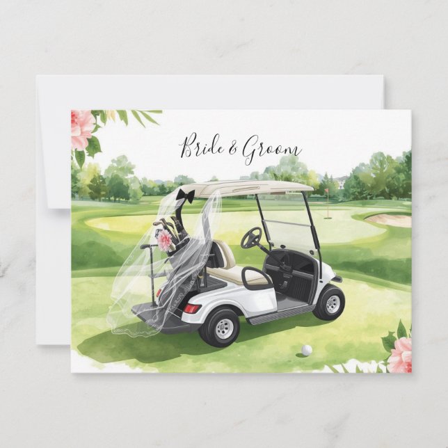 Golf wedding golf cart on green grass card (Front)