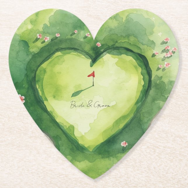 Golf wedding heart shaped golf course paper coaster (Front)