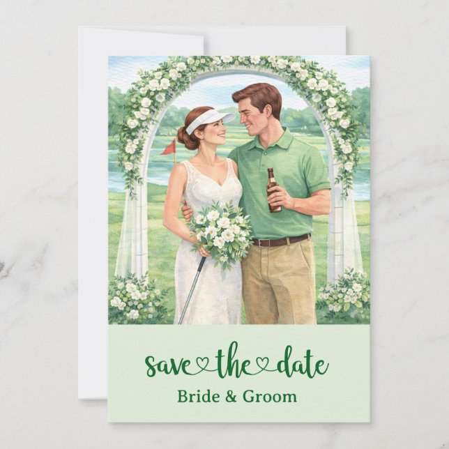 Golf Wedding Invitation card with bride and groom (Front)