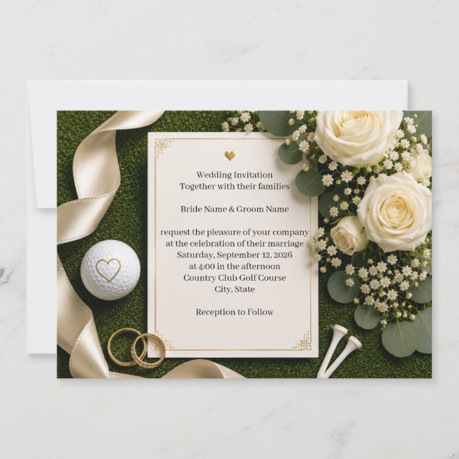 Golf Wedding Invitation with White Roses  (Front)