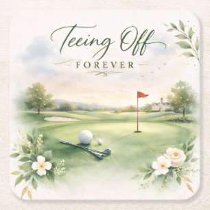 Golf Wedding Paper Cups Teeing Off Forever Square Paper Coaster