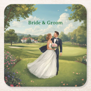 Golf Wedding Party with Bride & Groom on Green Square Paper Coaster