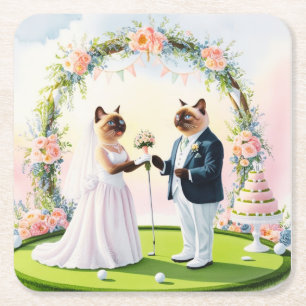 Golf Wedding themed for Cat Lovers Square Paper Coaster