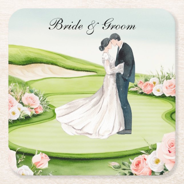 Golf Wedding themed on golf course Square Paper Coaster (Front)