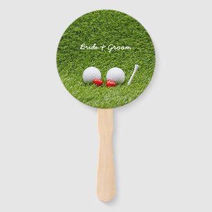 Golf Wedding two golf balls on green with love Hand Fan
