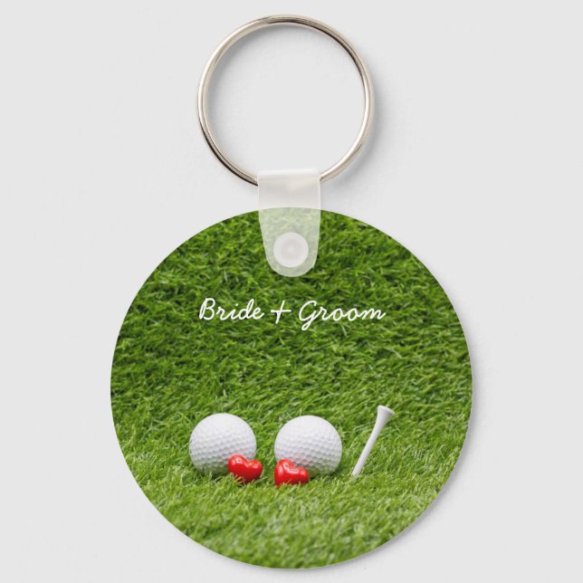 Golf Wedding two golf balls on green with love   Key Ring (Front)