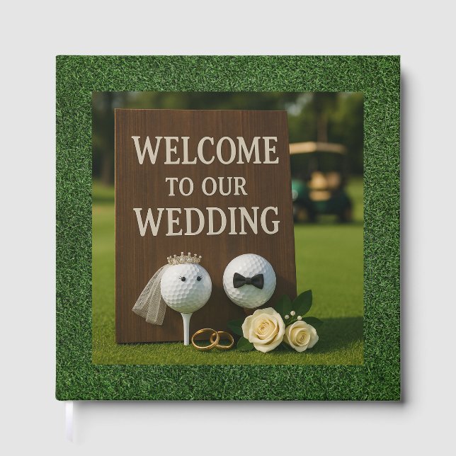 Golf Wedding with balls on green grass bride groom Guest Book (Front)
