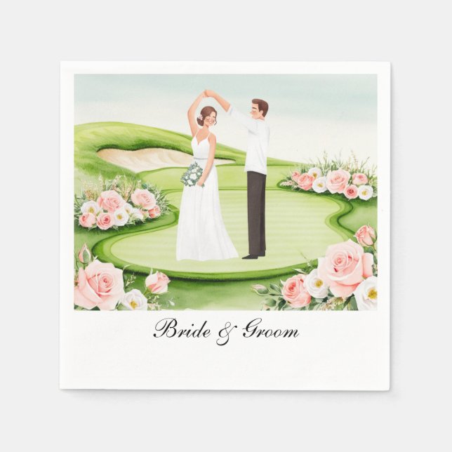 Golf Wedding with Bride and Groom on course Napkin (Front)