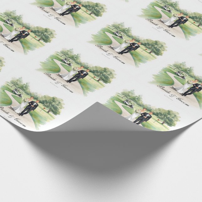 Golf Wedding with Bride and Groom on course Wrapping Paper (Corner)