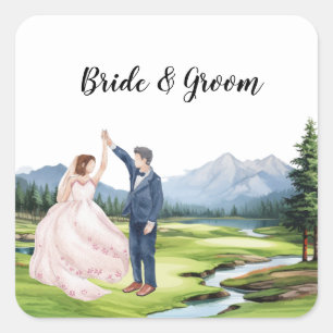 Golf Wedding with bride and groom Square Sticker