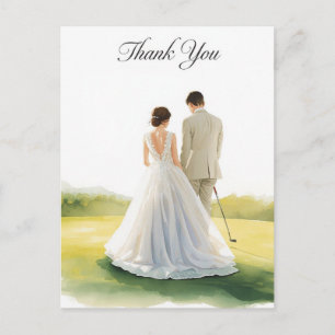 Golf wedding with bride and groom with text postcard