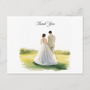 Golf wedding with bride and groom with text postcard