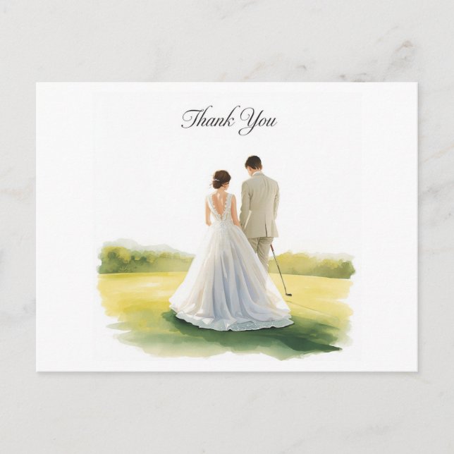 Golf wedding with bride and groom with text postcard (Front)