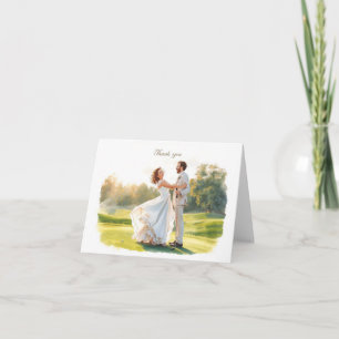 Golf wedding with bride and groom with text thank you card
