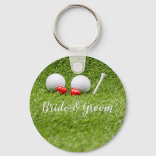 Golf Wedding with golf ball tee with love on green Key Ring