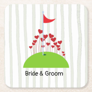 Golf wedding with lots of love at golf flag golfer square paper coaster