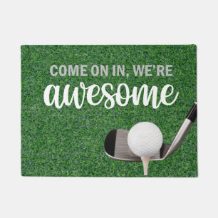 Golf Welcome  door mat with iron and ball on green