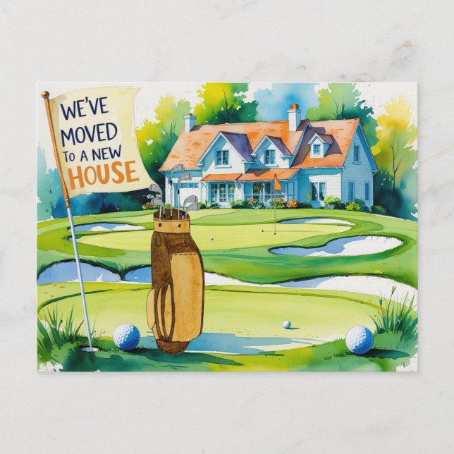 Golf we've moved to new house watercolor style postcard (Front)