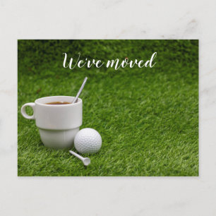 Golf we've moved to new house with coffee cup postcard