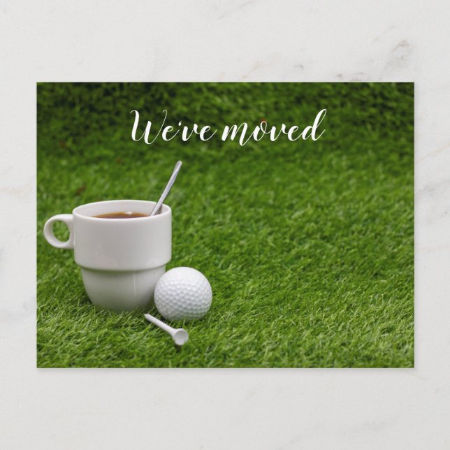 Golf we've moved to new house with coffee cup postcard (Front)