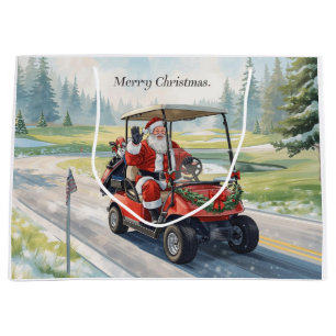 Golf Winter Christmas with Santa Driving golf cart Large Gift Bag