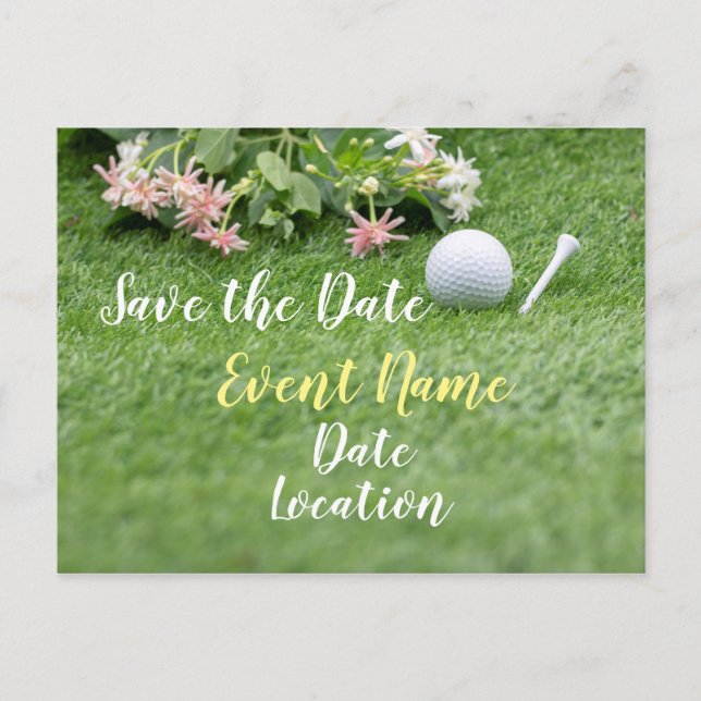 Golf with flowers on green grass save the date postcard (Front)