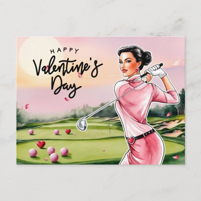 Golf Woman Golfer Golfing Valentine's Day  Holiday Postcard (Front)