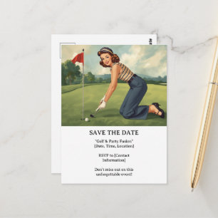 Golf  woman golfer is golfing on green  postcard
