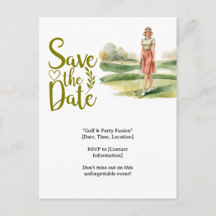 Golf woman golfer is golfing on green postcard