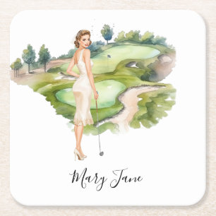 Golf Woman golfer on golf course Bridal  Square Paper Coaster