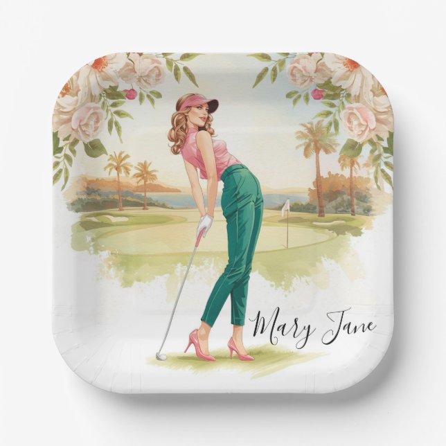 Golf Woman golfer on golf course Paper Plate (Front)