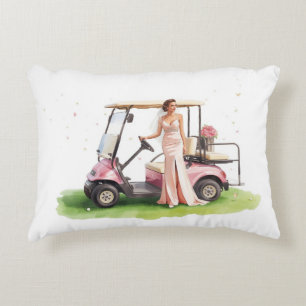 Golf woman golfer & pink cart Bachelorette party Decorative Cushion