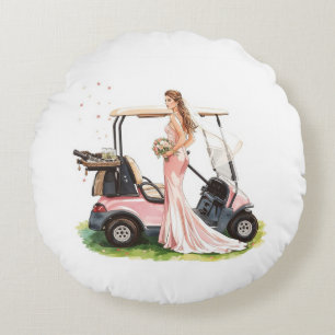 Golf woman golfer & pink cart  Bachelorette party Round Cushion