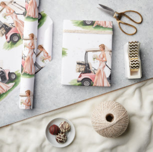 Golf woman golfer & pink cart Bachelorette party Wrapping Paper