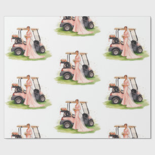 Golf woman golfer & pink cart  Bachelorette party Wrapping Paper