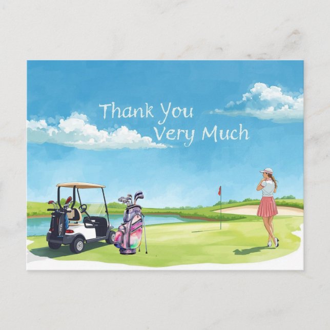 Golf  woman golfer with bag and golf cart  postcard (Front)