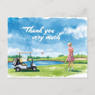 Golf  woman golfer with cart on green  postcard