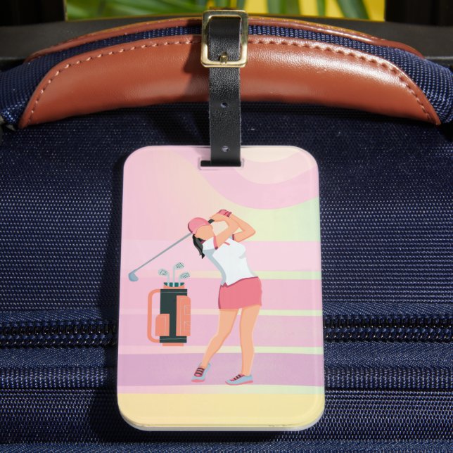 Golf Woman is on pink background  Luggage Tag (Front Insitu 2)