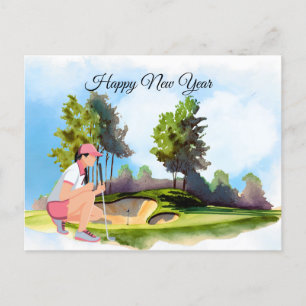 Golf woman is playing golf New Year Holiday Postcard