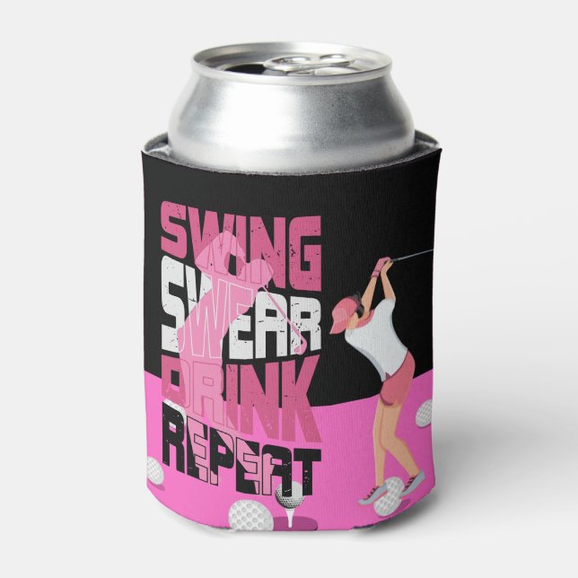 Golf Woman Swing Swear repeat Black and Pink theme Can Cooler (Can Front)