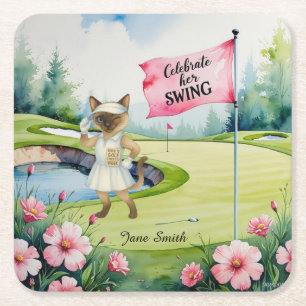 Golf Woman Tournament for Siamese Cat Golfer Square Paper Coaster