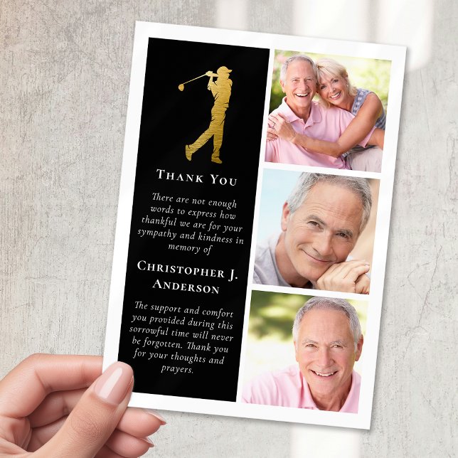 Golfer 3 Photo Sympathy Funeral Thank You Card (Creator Uploaded)