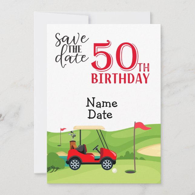 Golfer 50th Birthday with golf cart Save the Date Invitation (Front)