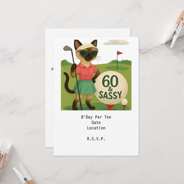 Golfer 60th Birthday for Cat Lover Invitation (Front/Back In Situ)