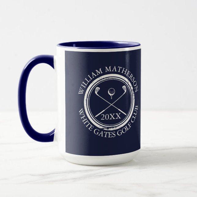Golfer and Club Name Date Navy Blue Mug (Left)
